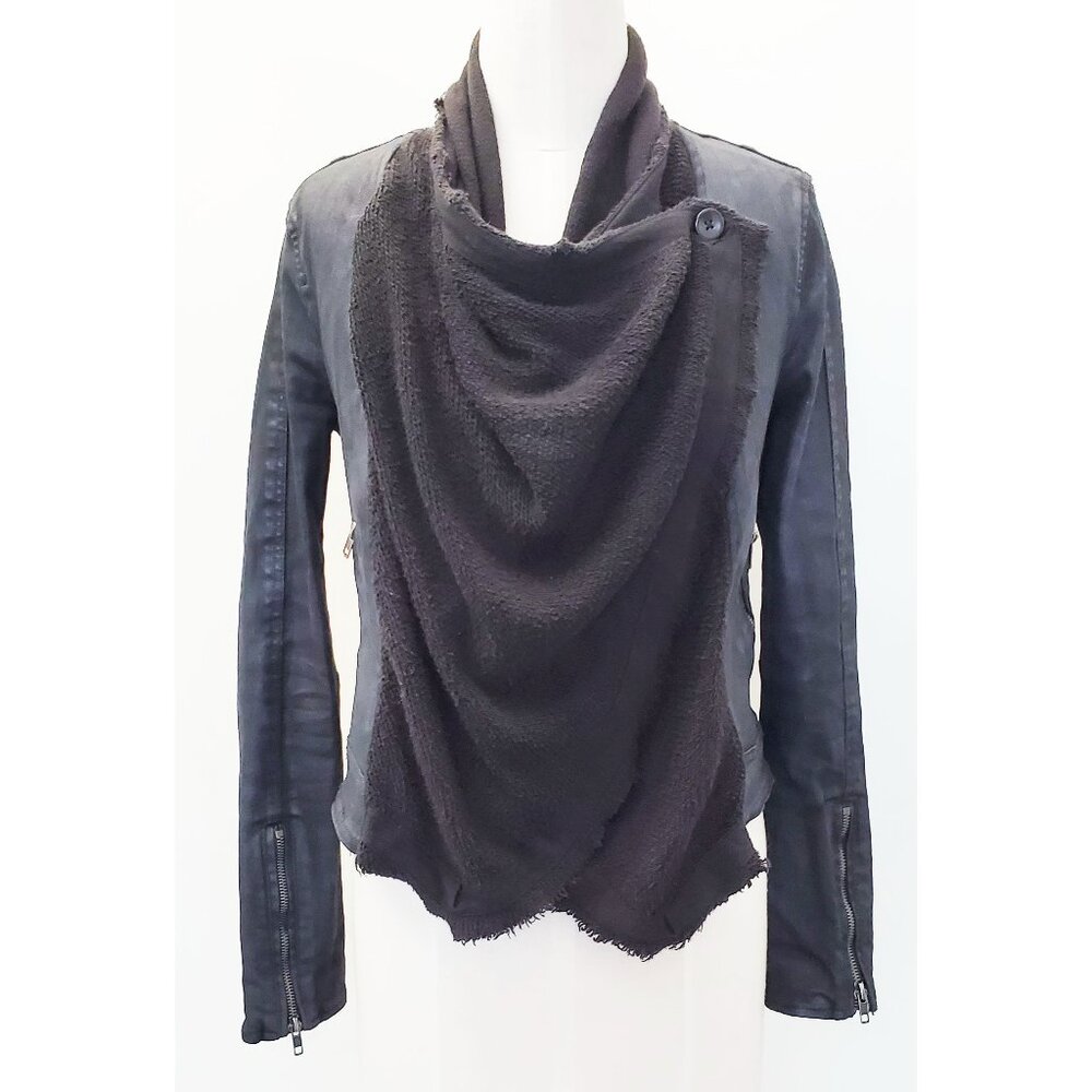 FREE PEOPLE Womens Front Drape Waxed Stretch Denim Waterfall Moto Jacket 2